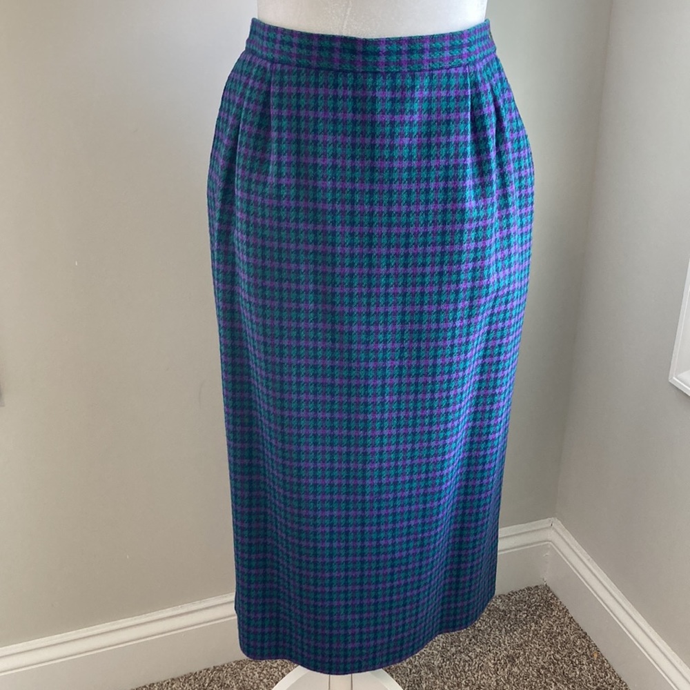 Vintage Pendleton 70s Houndstooth Highwaist Green Purple Wool Pencil Skirt